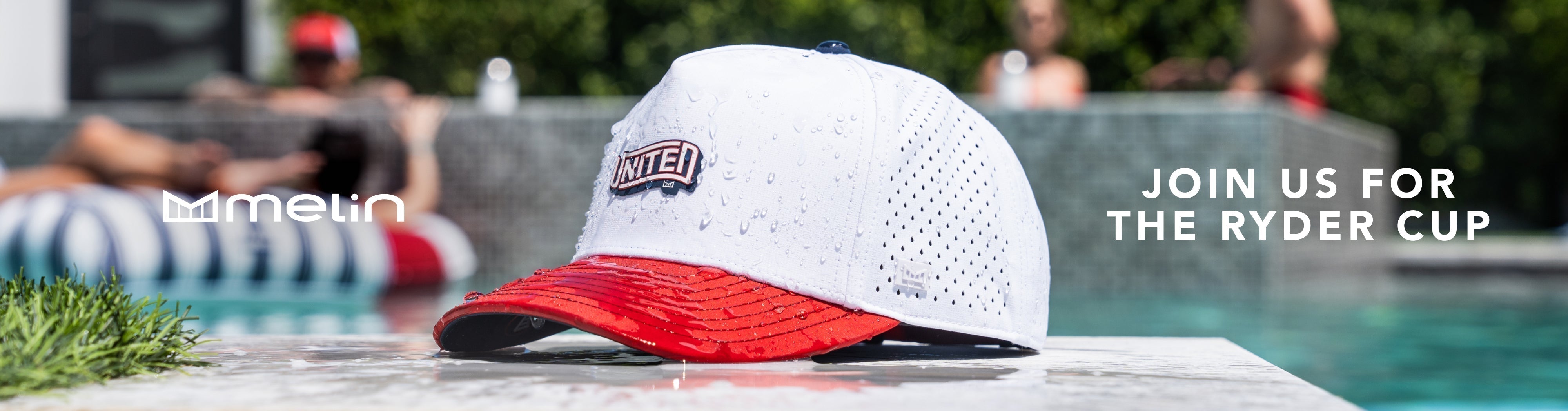 The melin Odysea Stacked Americana Hydro in White / Red / Navy with a call to action to join the brand at the Ryder Cup