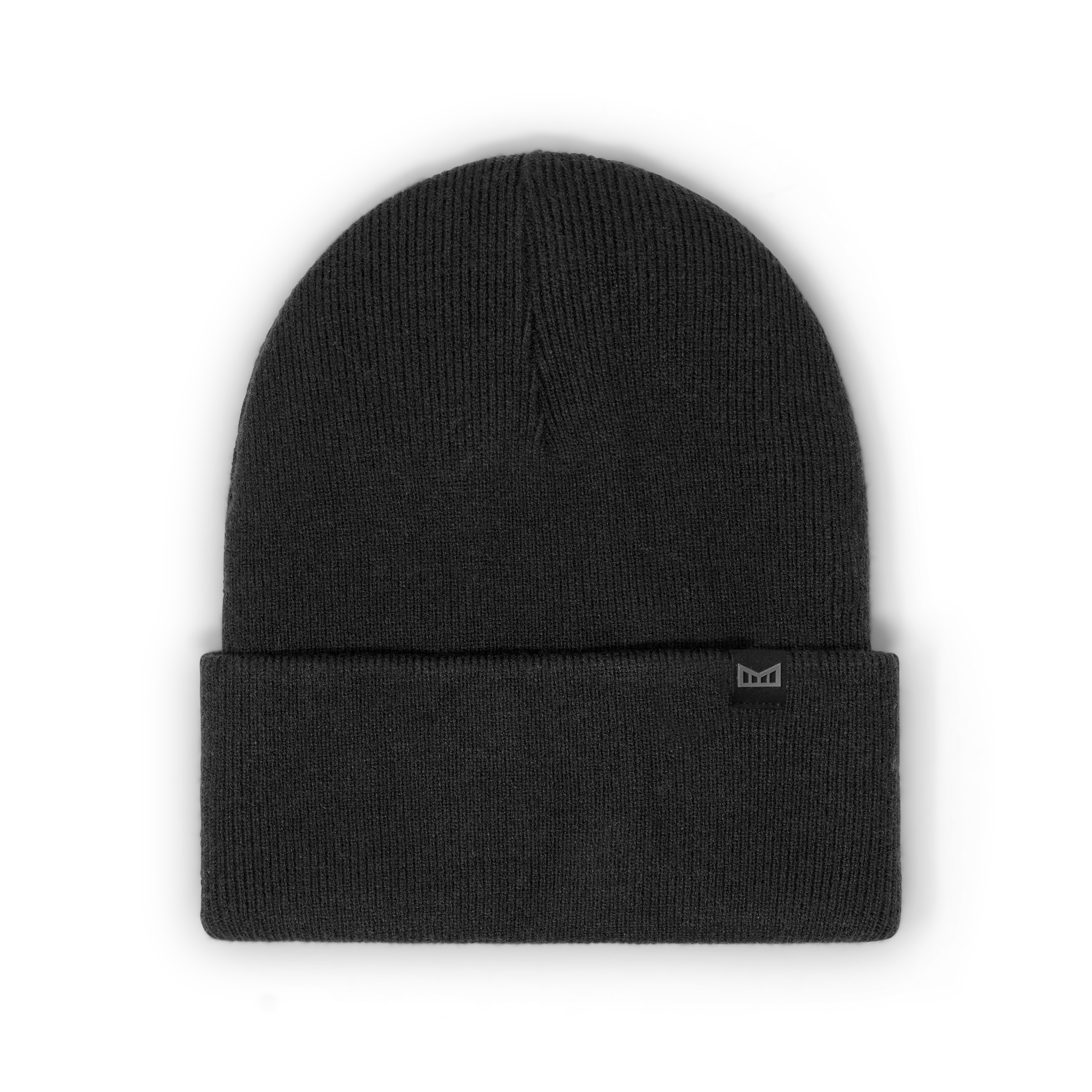 Black ribbed knit beanie with small logo patch on folded cuff.