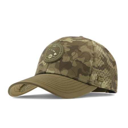The front, angled view of the melin Compass Strike Mission Hydro Vintage Fit in Olive Camo