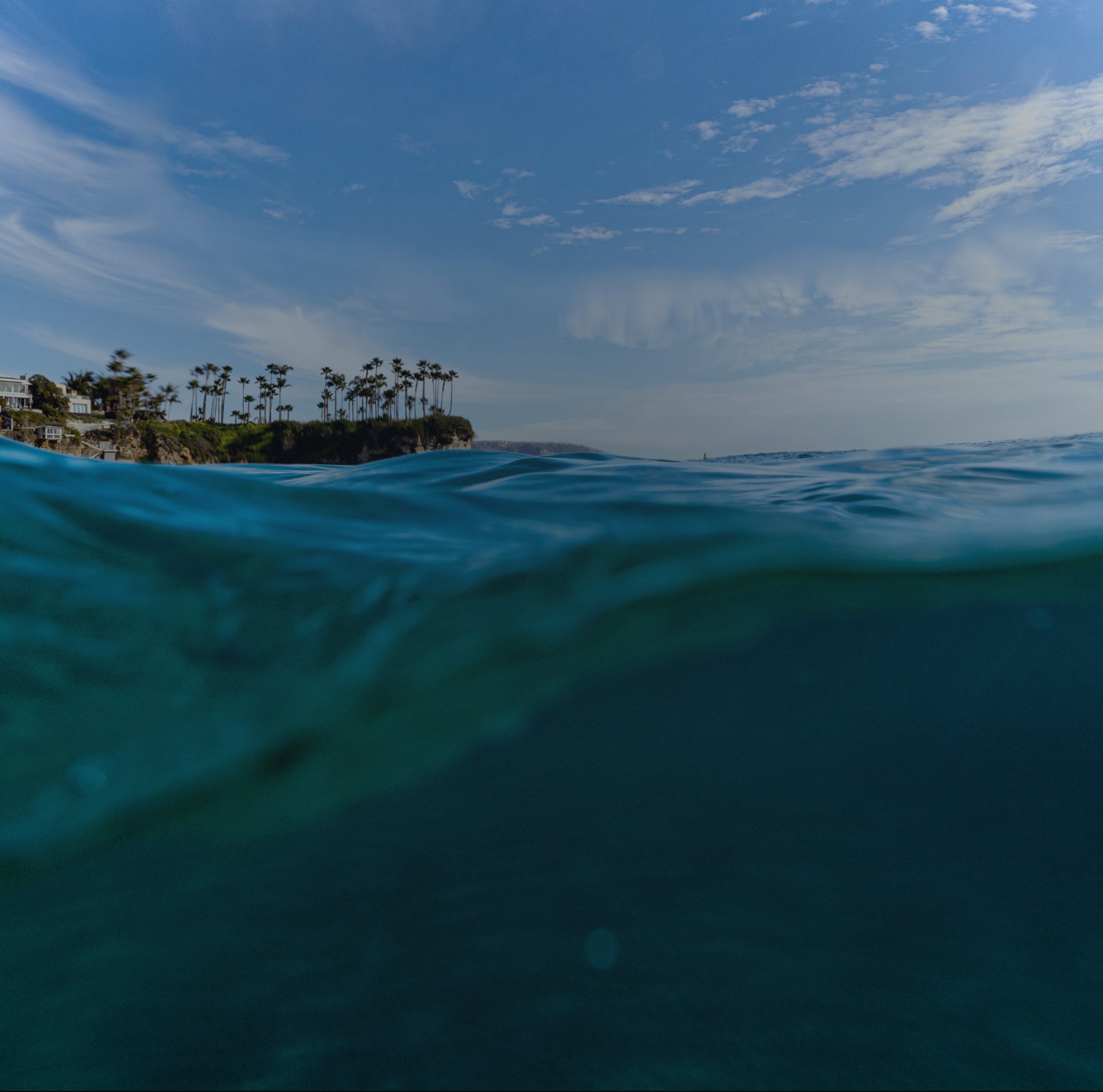 Split view of ocean surface and underwater scenery with palm trees and buildings.