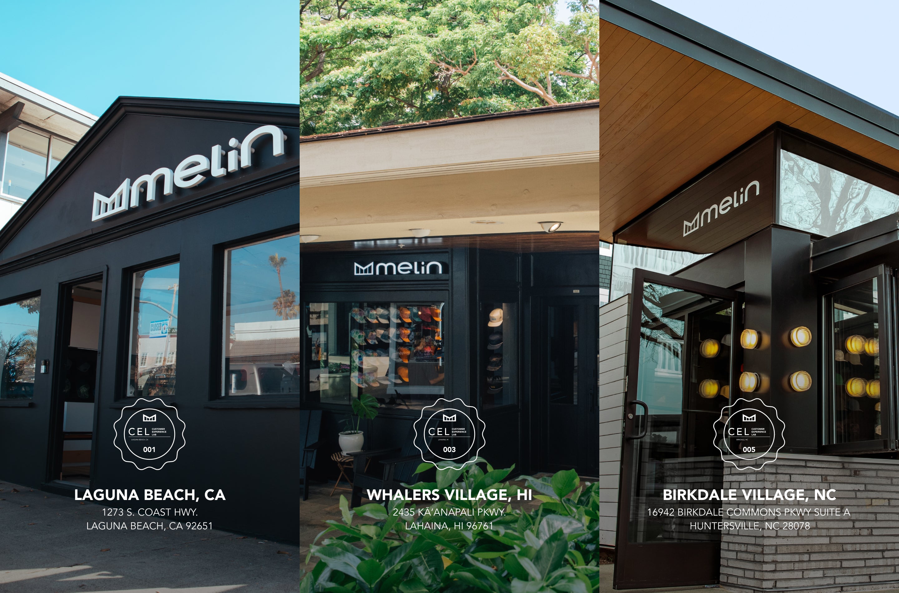 Collage of melin store exteriors in Laguna Beach, Whalers Village, and Birkdale Village with store names and contact information.