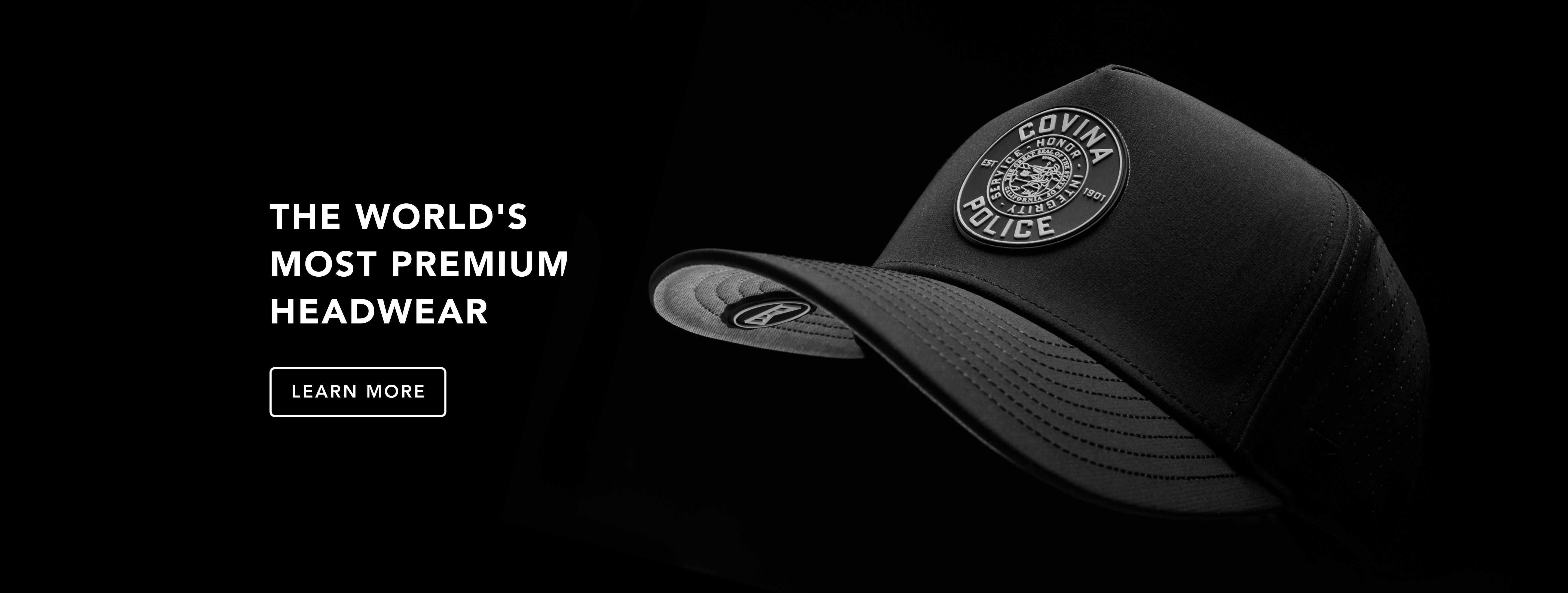 The melin Odysea Hydro with a Covina Police patch against a black background next to the text "The World's Most Premium Headwear" above CTA "Learn More"