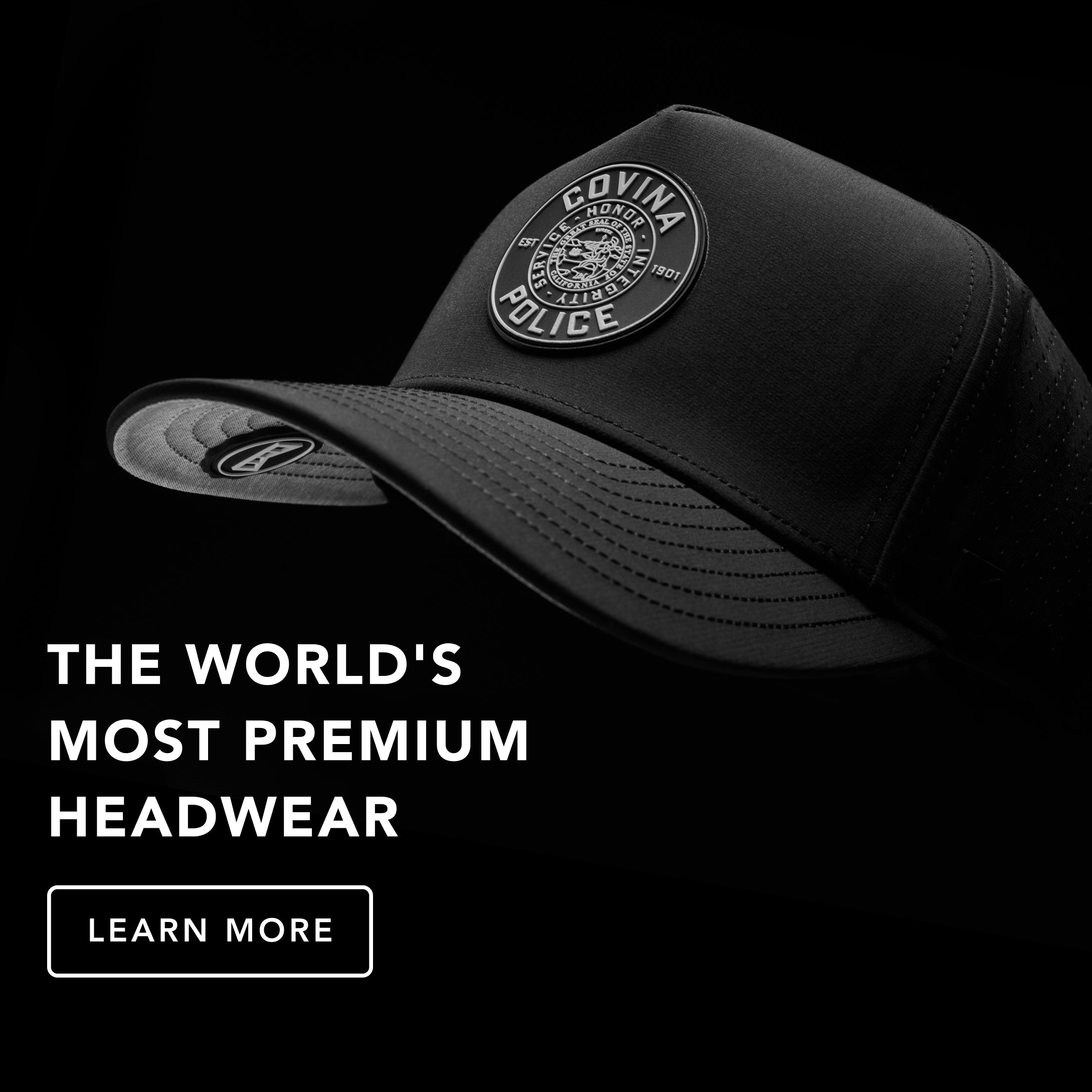 The melin Odysea Hydro with a Covina Police patch against a black background next to the text "The World's Most Premium Headwear" above CTA "Learn More"