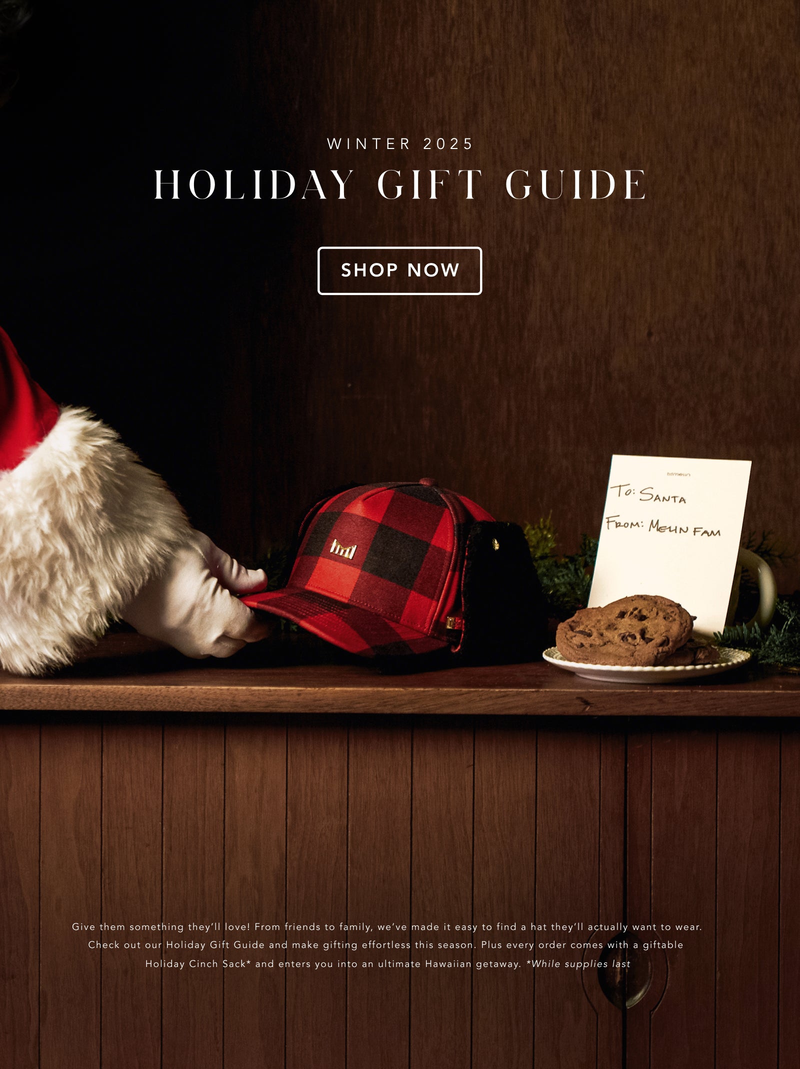 Santa Claus reaching for the Odysea Stacked Lumberjack Thermal on a wooden table with cookies and a letter, against a dark background, promoting the melin Gift Guide.