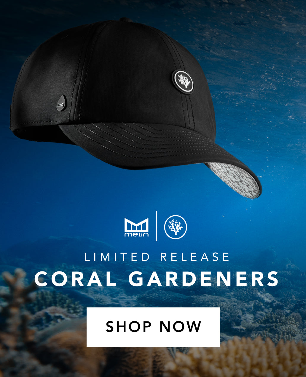The limited release melin Legend Coral Gardeners Hydro against a background of the ocean and a coral reef, with the text 'Shop Now'
