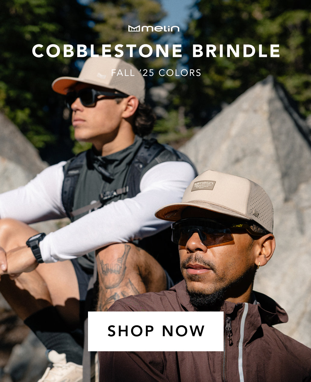 Two people wearing sunglasses and melin hats with a 'Shop Now' button and 'Cobblestone Brindle' text overlay.